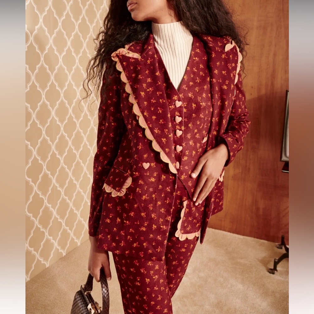 CeliaB Burgundy Floral Scalloped Trim Blazer